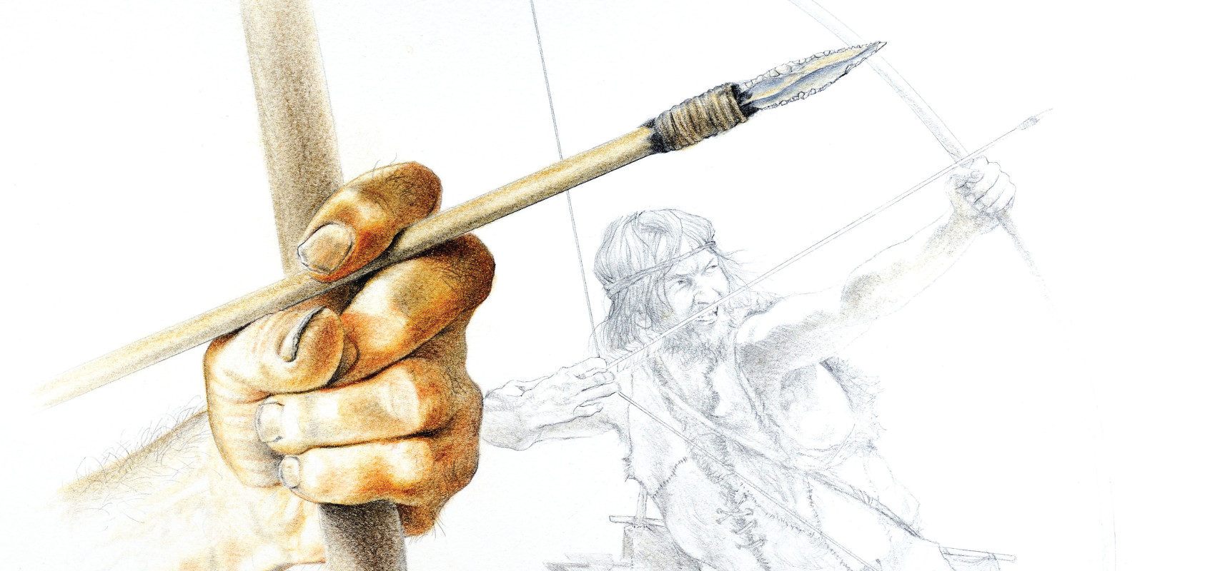 Pannello 2 - Foto 1: Disegno ricostruttivo di una freccia paleolitica armata di punta in selce | disegno di M. Cutrona (per gentile concessione del MUSE)